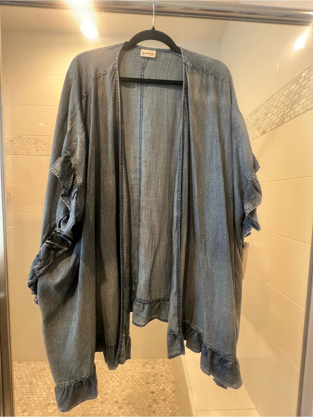 Three Bird Nest Washed Denim Open-Front Kimono Jacket